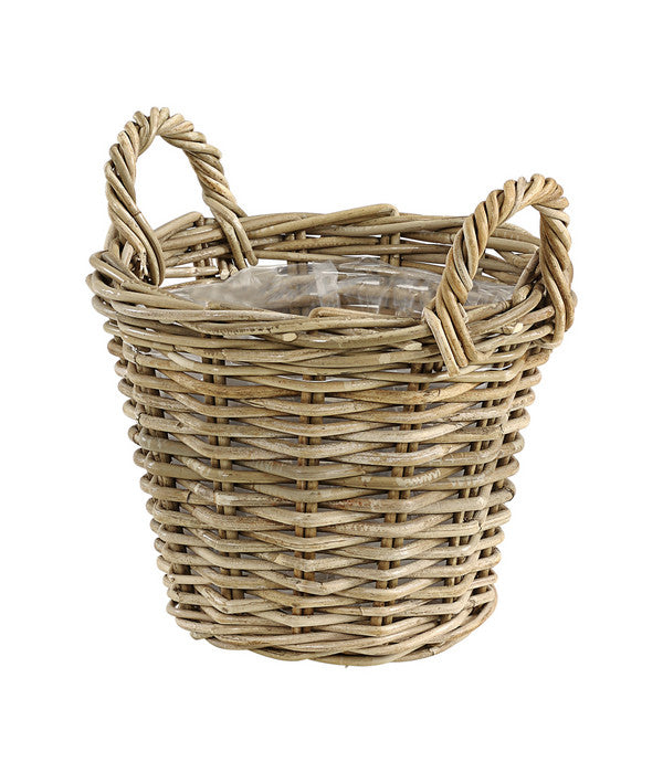  Van Der Leeden Rattan-Korb Mit Henkeln, Rund, Grau-braun