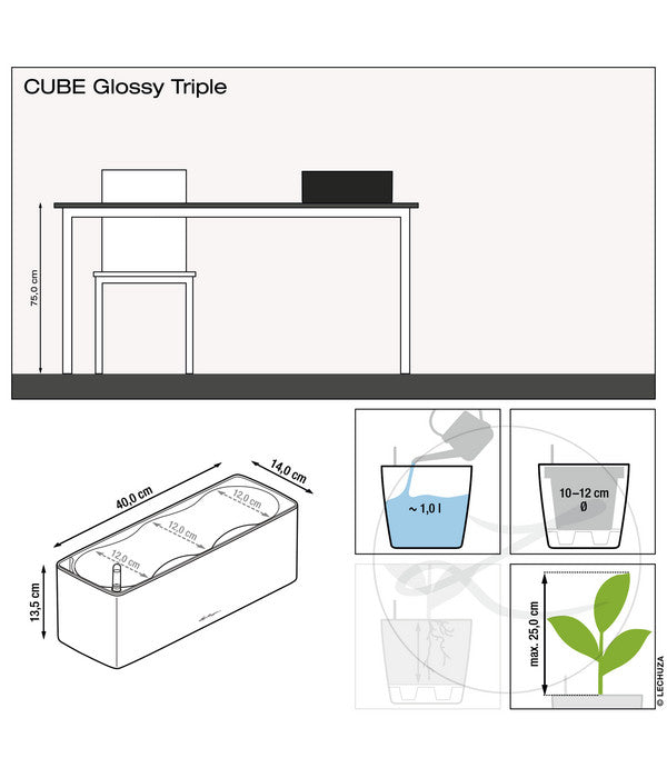  LECHUZA® CUBE Glossy Triple, All-in-One Set, 40 Cm