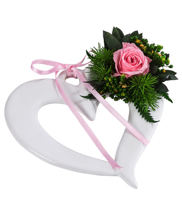  Dehner Keramik-Herz Mit Longlife-Rose Evelin, Rosa, Ca. B11/H3 Cm