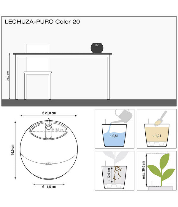  LECHUZA® PURO Color, All-in-One-Set, Rund, Ca. Ø20 Cm